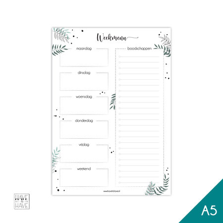 A5 Notitieblok - Weekmenu blad